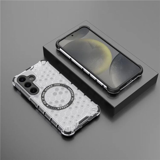 Husa pentru  Samsung Galaxy S25 Cyber Shield Bumper, Compatibila MagSafe, Antishock reinforced corners si margini intarite - Clear