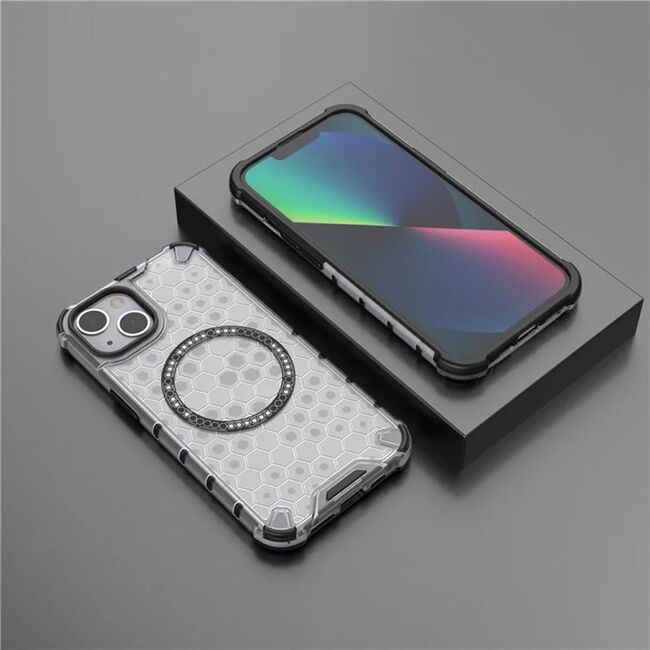 Husa pentru  iPhone 13 Cyber Shield Bumper, Compatibila MagSafe, Antishock reinforced corners si margini intarite - Clear