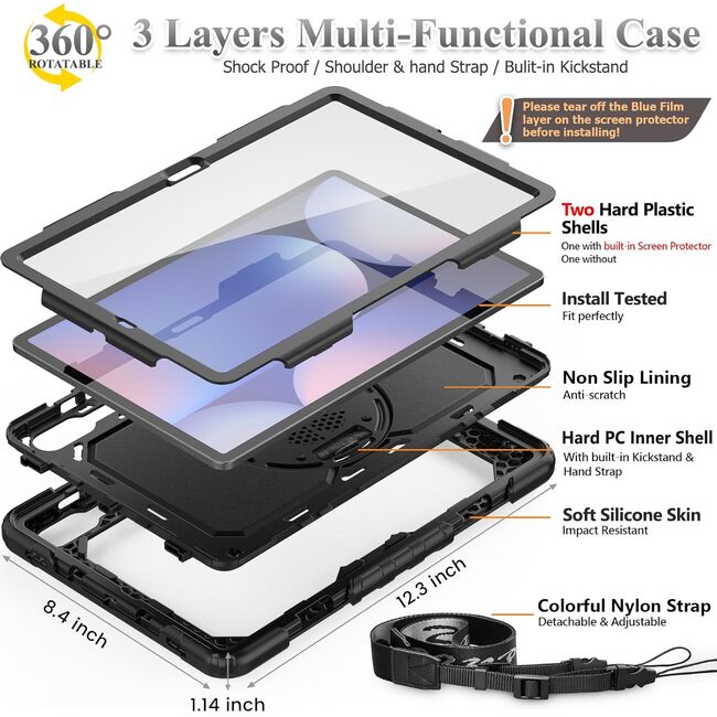 Pachet 360: Husa cu folie integrata pentru Samsung Galaxy Tab S10 FE+ Plus 13.1 inch Shockproof Armor, negru