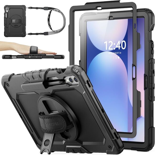 Pachet 360: Husa cu folie integrata pentru Samsung Galaxy Tab S10 FE+ Plus 13.1 inch Shockproof Armor, negru