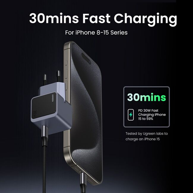 Incarcator pentru Priza Type-C, GaN, Fast Charging, 30W, 3A, PD3.0, QC4.0+ - Ugreen Nexode S X503 (35041) - Grey