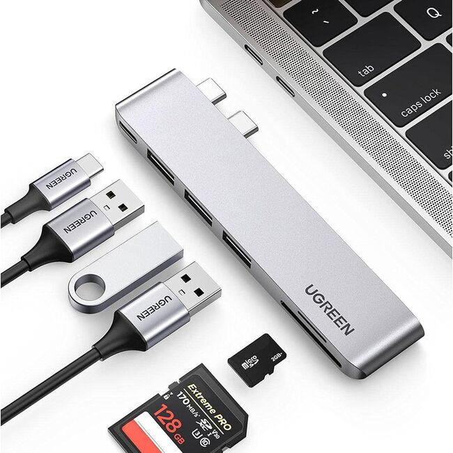 Adaptor Multifunctional Compatibil MacBook Pro/Air 2x USB-C to 3x USB, Type-C, SD/TF Card, 100W, 40Gpbs, 4K - Ugreen CM251 (60560) - Grey
