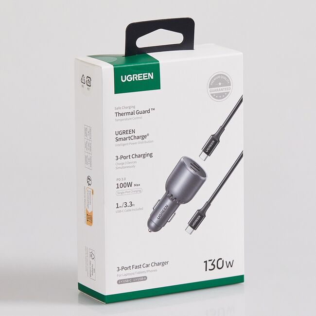 Incarcator pentru Masina cu Indicator LED, USB, 2x Type-C, 130W, Cablu USB-C - Ugreen EC705 (55511)