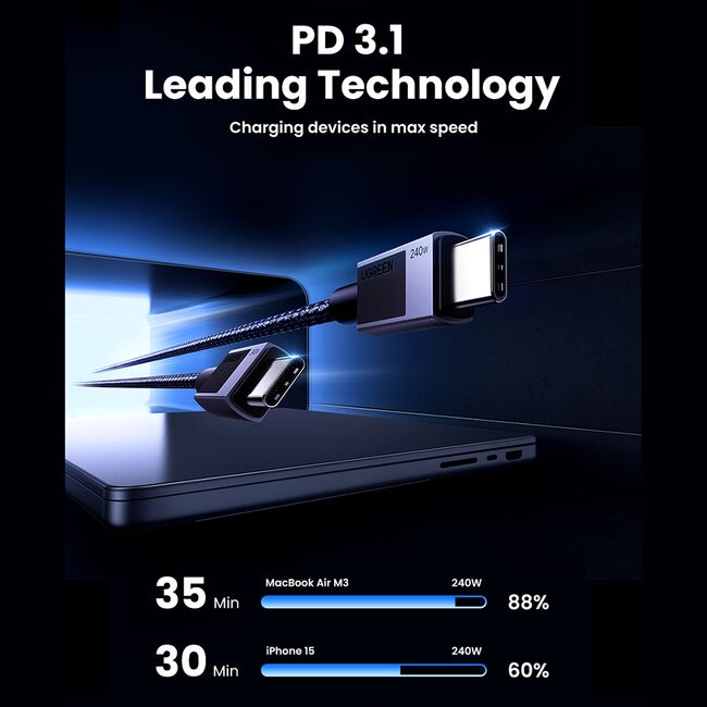 Cablu de Date USB-C la Type-C, PD240W, 5A, 480Mbps, 1m - Ugreen L513 (45067) - Space Gray