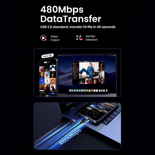 Cablu de Date USB-C la Type-C, PD240W, 5A, 480Mbps, 2m - Ugreen L513 (45068) - Space Gray