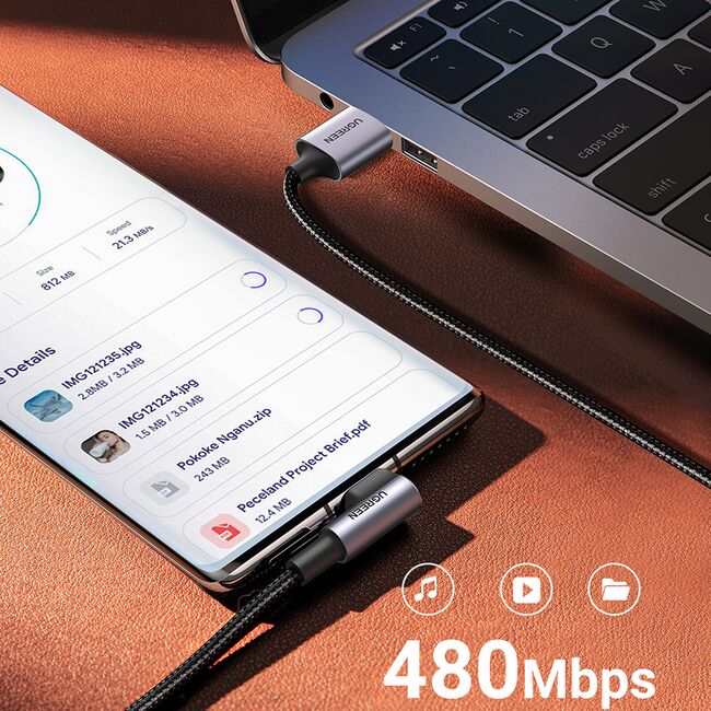 Cablu de Date USB la Type-C, 18W, 3A, 480Mbps, QC3.0, 2m - Ugreen Right Angle US284 (50942) - Space Gray
