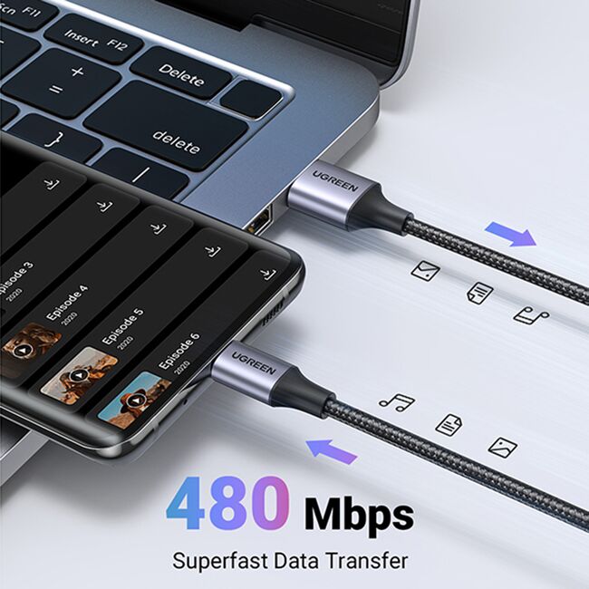 Cablu de Date USB la Type-C, PD18W, 3A, 480Mbps, QC3.0, 1m - Ugreen US288 (60126) - Black