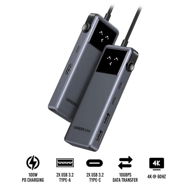 Docking Station 2x USB, 2x Type-C, HDMI, 10Gb/s, 4K, Display LED, Slot Card - Ugreen Uno 6in1 CM888 (35998) - Black