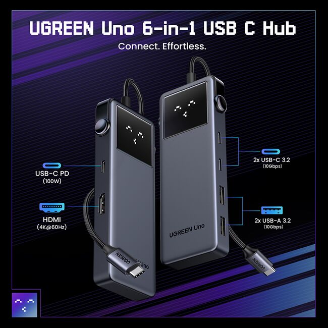 Docking Station 2x USB, 2x Type-C, HDMI, 10Gb/s, 4K, Display LED, Slot Card - Ugreen Uno 6in1 CM888 (35998) - Black