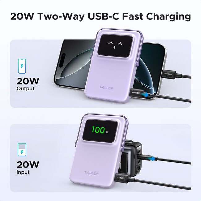 Baterie Externa Wireless cu Display 5000mAh, USB-C, 18W, 5V/3A - Ugreen PB571 (35606B) - Purple