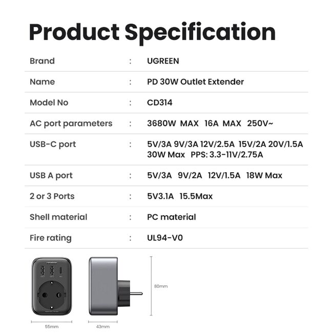 Incarcator pentru Priza 2x USB, USB-C, AC, 2990W, 13A, PD30W, 3A, QC4+ - Ugreen CD268 (CD314) - Black