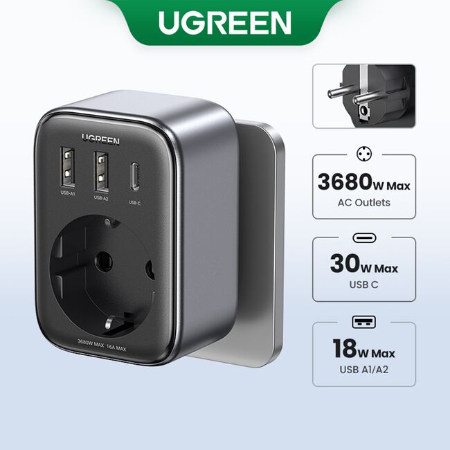 Incarcator pentru Priza 2x USB, USB-C, AC, 2990W, 13A, PD30W, 3A, QC4+ - Ugreen CD268 (CD314) - Black