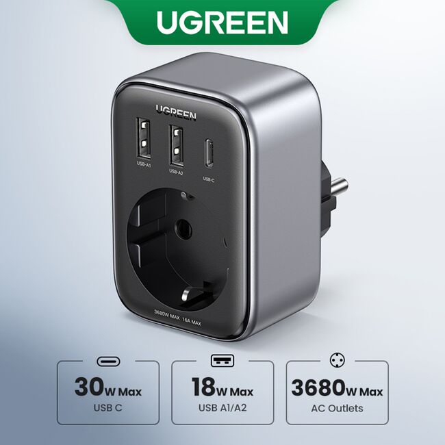 Incarcator pentru Priza 2x USB, USB-C, AC, 2990W, 13A, PD30W, 3A, QC4+ - Ugreen CD268 (CD314) - Black
