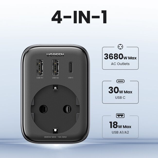 Incarcator pentru Priza 2x USB, USB-C, AC, 2990W, 13A, PD30W, 3A, QC4+ - Ugreen CD268 (CD314) - Black