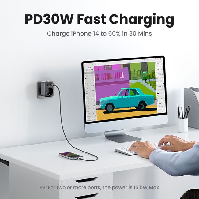 Incarcator pentru Priza 2x USB, USB-C, AC, 2990W, 13A, PD30W, 3A, QC4+ - Ugreen CD268 (CD314) - Black
