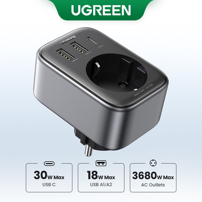 Incarcator pentru Priza 2x USB, USB-C, AC, 2990W, 13A, PD30W, 3A, QC4+ - Ugreen CD268 (CD314) - Black