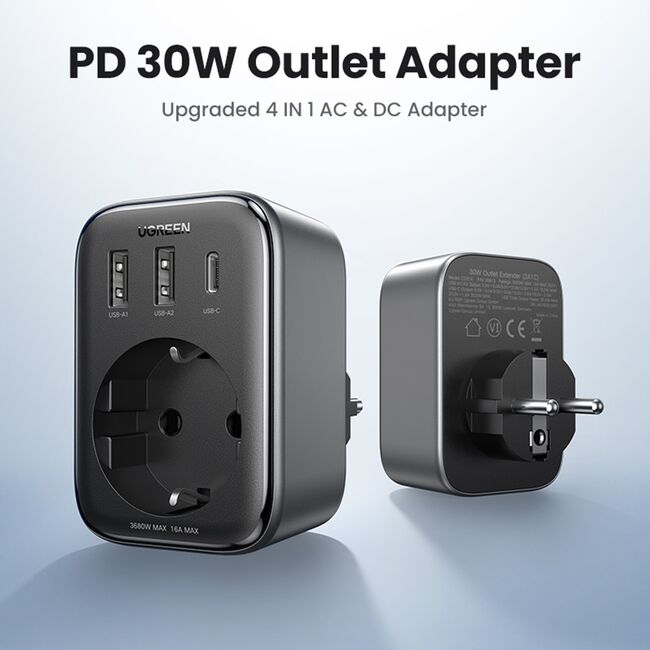 Incarcator pentru Priza 2x USB, USB-C, AC, 2990W, 13A, PD30W, 3A, QC4+ - Ugreen CD268 (CD314) - Black