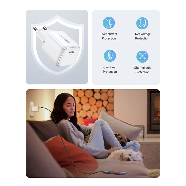 Incarcator USB-C, GaN, Fast Charging, 20W, 3A, QC4.0+ - Ugreen Nexode CD318 (15324) - White