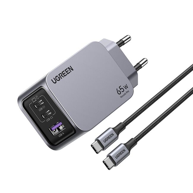 Incarcator USB, 2x Type-C, GaN, Fast Charging, 65W, 3A, PD3.0, QC4.0 - Ugreen Nexode Pro X755 (25871) - Grey