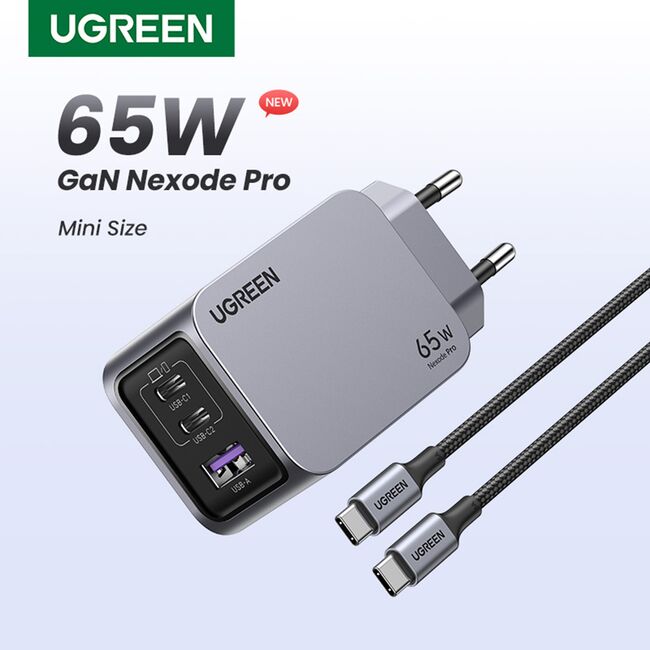 Incarcator USB, 2x Type-C, GaN, Fast Charging, 65W, 3A, PD3.0, QC4.0 - Ugreen Nexode Pro X755 (25871) - Grey