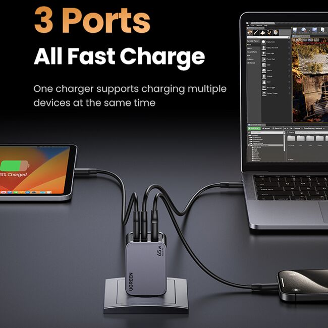 Incarcator USB, 2x Type-C, GaN, Fast Charging, 65W, 3A, PD3.0, QC4.0 - Ugreen Nexode Pro X755 (25871) - Grey