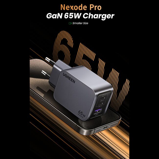 Incarcator USB, 2x Type-C, GaN, Fast Charging, 65W, 3A, PD3.0, QC4.0 - Ugreen Nexode Pro X755 (25871) - Grey