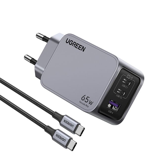 Incarcator USB, 2x Type-C, GaN, Fast Charging, 65W, 3A, PD3.0, QC4.0 - Ugreen Nexode Pro X755 (25871) - Grey