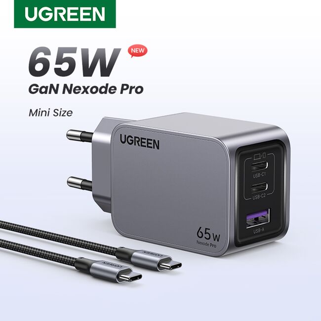 Incarcator USB, 2x Type-C, GaN, Fast Charging, 65W, 3A, PD3.0, QC4.0 - Ugreen Nexode Pro X755 (25871) - Grey