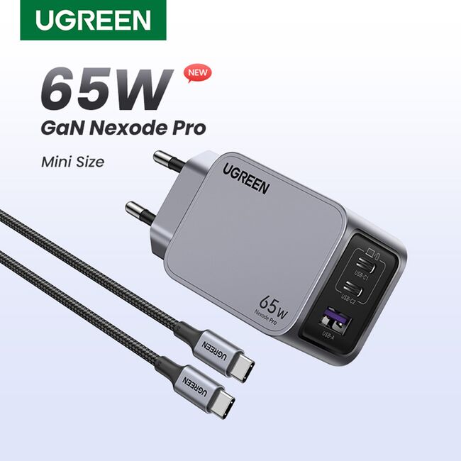 Incarcator USB, 2x Type-C, GaN, Fast Charging, 65W, 3A, PD3.0, QC4.0 - Ugreen Nexode Pro X755 (25871) - Grey