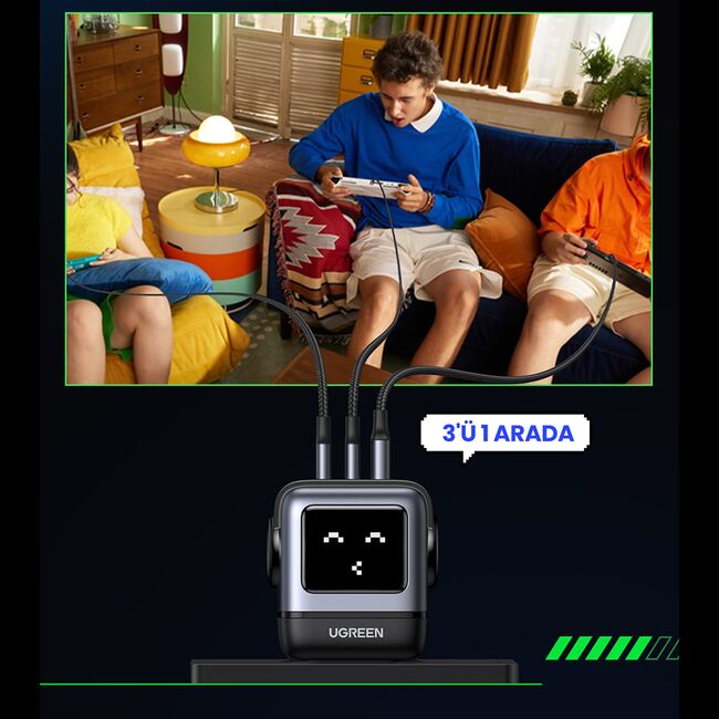Incarcator cu Display LED, USB, 2x Type-C, GaN, Fast Charging, 65W, 3A, QC4.0+ - Ugreen Uno RG CD361 (25685B) - Black