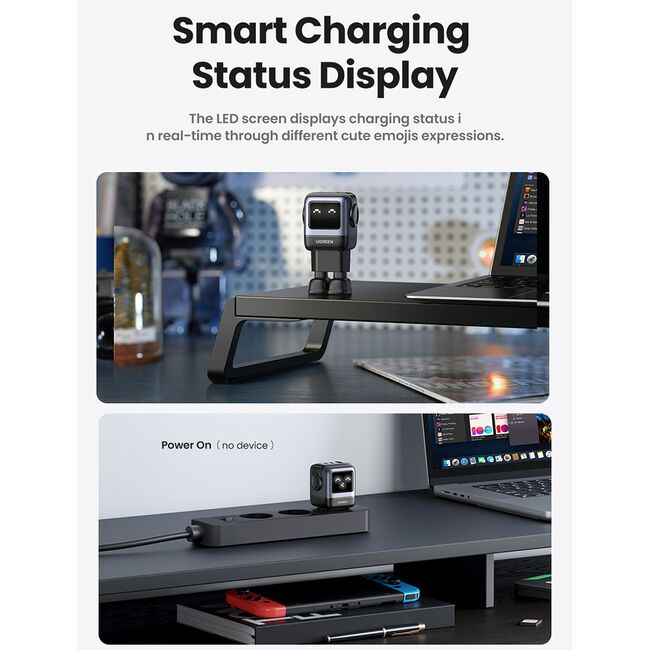 Incarcator cu Display LED, USB, 2x Type-C, GaN, Fast Charging, 65W, 3A, QC4.0+ - Ugreen Uno RG CD361 (25685B) - Black