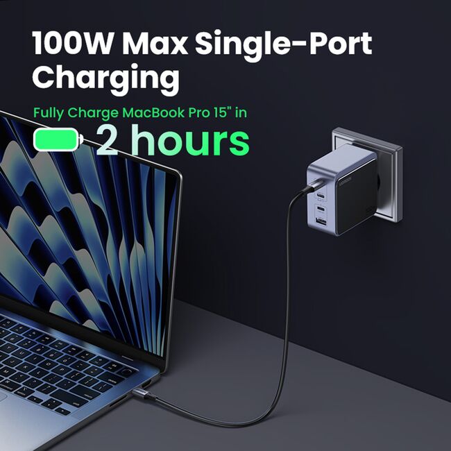 Incarcator pentru Priza USB, 2x Type-C, GaN, Fast Charging, 100W, 3A, PD3.0, QC4.0+ - Ugreen Nexode S X565 (35043) - Grey