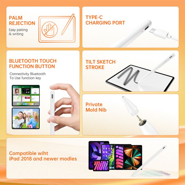 Stylus Pen pentru Tableta, Bluetooth, Type-C, 130mAh, 5V, 0.2A, Palm Rejection, Tilt Pressure Sense  - Techsuit (AC10-CP) - White