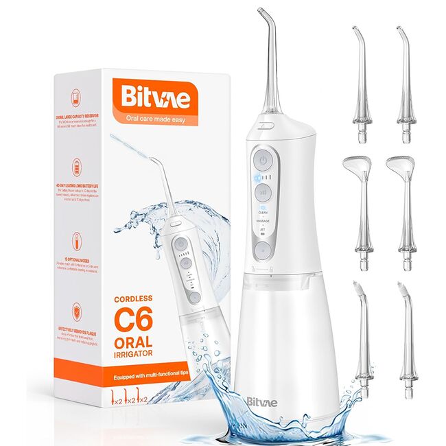 Irigator Bucal portabil Bitvae EasyClean, 15 Combinatii de Curatare, 6 Duze Jet, 300ml, IPX7, Water Pressure 130PSI, 40 Zile Autonomie, acumulator reincarcabil USB, husa de transport – Ideal pentru ingrijire Ortodontica si gingii sensibile - alb