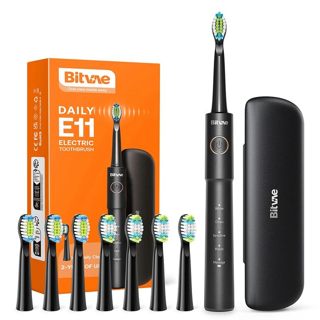 Periuta de dinti Electrica Bitvae B11E-Sonic Power, 5 Moduri White/ Clean/ Sensitive/ Polish/ Massage, 40.000 de pulsații pe minut, cu 8 Capete de Periaj, 60 Zile Autonomie, acumulator reincarcabil USB-C, IPX7, include carcasa de protectie - negru