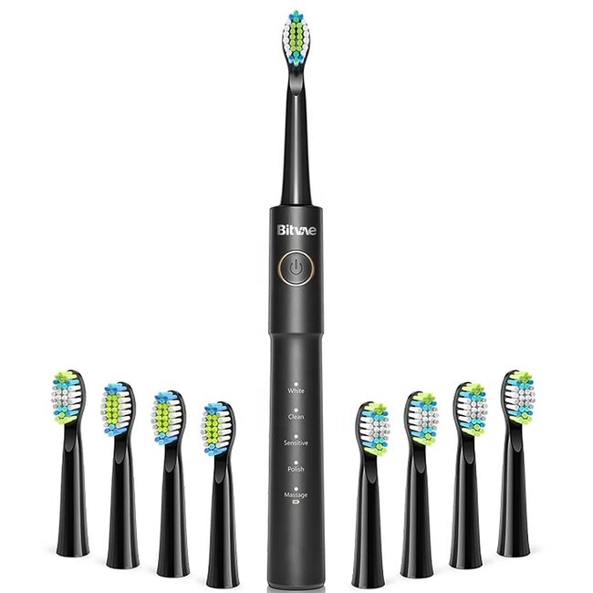 Periuta de dinti Electrica Bitvae B11E-Sonic Power, 5 Moduri White/ Clean/ Sensitive/ Polish/ Massage, 40.000 de pulsații pe minut, cu 8 Capete de Periaj, 60 Zile Autonomie, acumulator reincarcabil USB-C, IPX7, include carcasa de protectie - negru