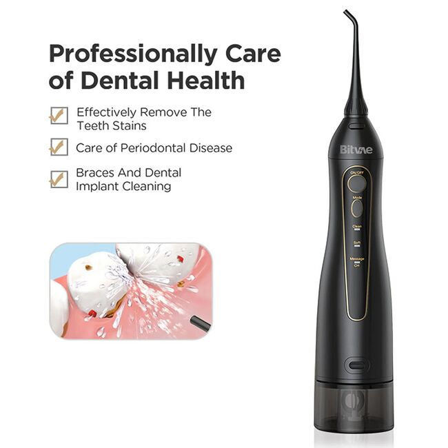 Irigator Bucal Bitvae FE50 cu 7 Duze, 3 Moduri de curatare, Rezervor 300ml, Presiune Reglabila, Autonomie 30 Zile, IPX7, Portabil si Reincarcabil – Igiena Orala Completa - negru