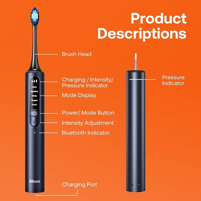 Periuta de dinti Electrica Bitvae Smart V3S-Ultrasonic cu Motor 40.000 RPM, 4 Capete Incluse, 180 Zile Autonomie, Presiune Senzor, Aplicație Smart 3D Teeth Tracking, 5 Moduri & 3 Intensități, Carcasa Calatorie, acumulator reincarcabil USB-C - albastru inc
