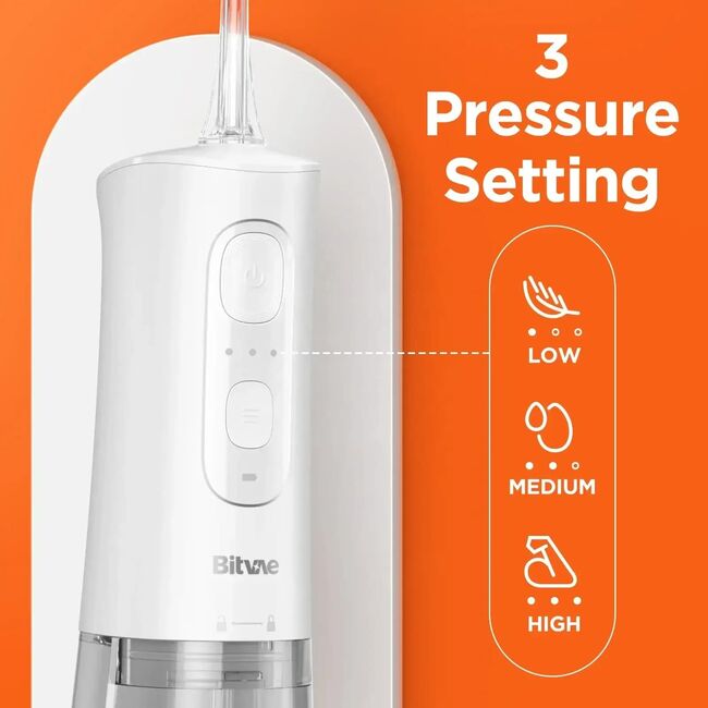 Irigator bucal portabil Bitvae CII 260 ml, 3 Moduri de Curatare, 6 Duze, Presiune Reglabila, Autonomie 30 Zile, IPX7, acumulator reincarcabil USB, Gingi Sanatoase și Igiena completa - alb