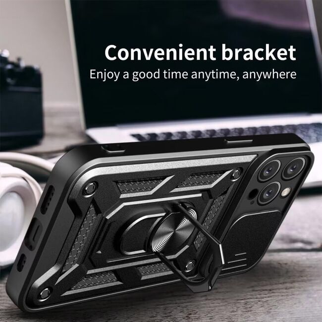 Husa pentru  Motorola Edge 60 Pro Ring Armor Kickstand Tough Rugged Cover cu protectie camera, Negru