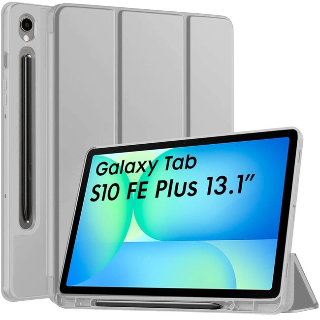 Husa pentru  Samsung Galaxy Tab S10 FE+ Plus 13.1 inch Soft Shell cu functie wake-up/sleep si compartiment pentru stylus, tip stand - Gri