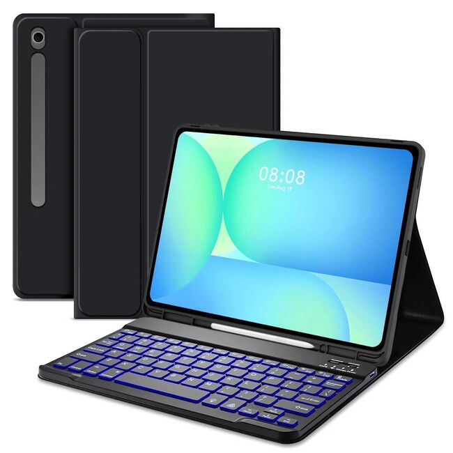 Husa pentru Samsung Galaxy Tab S10 FE+ Plus 13.1 inch cu tastatura iluminata wireless detasabila RGB 7 lights, Bluetooth, USB Type-C, functie stand si slot stylus + mouse wireless iluminat LED, negru