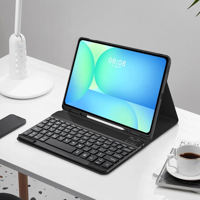 Husa pentru Samsung Galaxy Tab S10 FE+ Plus 13.1 inch cu tastatura iluminata wireless detasabila RGB 7 lights, Bluetooth, USB Type-C, functie stand si slot stylus + mouse wireless iluminat LED, negru