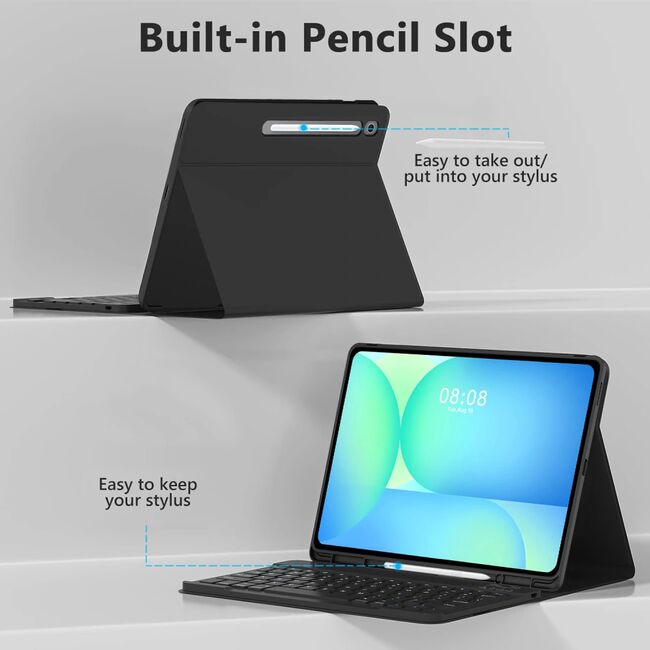 Husa pentru Samsung Galaxy Tab S10 FE+ Plus 13.1 inch cu tastatura iluminata wireless detasabila RGB 7 lights, Bluetooth, USB Type-C, functie stand si slot stylus + mouse wireless iluminat LED, negru