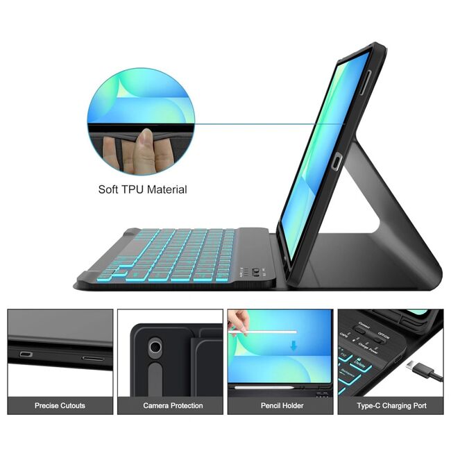Husa pentru Samsung Galaxy Tab S10 FE+ Plus 13.1 inch cu tastatura iluminata wireless detasabila RGB 7 lights, Bluetooth, USB Type-C, functie stand si slot stylus + mouse wireless iluminat LED, negru