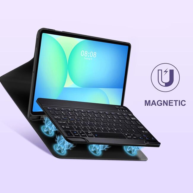Husa pentru Samsung Galaxy Tab S10 FE+ Plus 13.1 inch cu tastatura iluminata wireless detasabila RGB 7 lights, Bluetooth, USB Type-C, functie stand si slot stylus + mouse wireless iluminat LED, negru