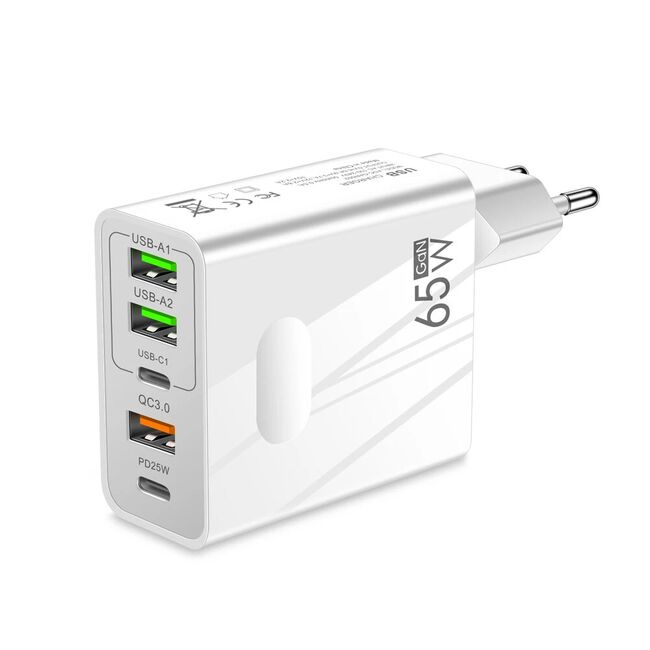 Incarcator priza 65W Fast Charge cu 5 porturi, 3 x USB 3.0, 2 x USB Type C, compatibil telefoane si tablete, alb