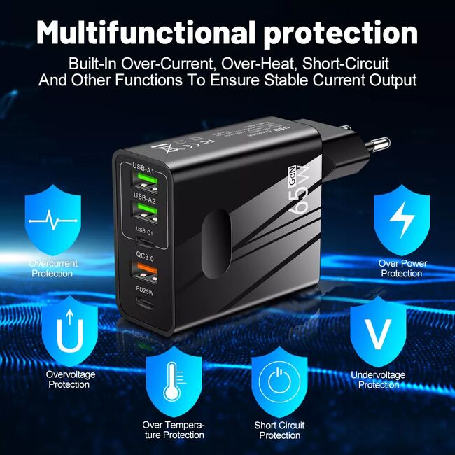 Incarcator priza 65W Fast Charge cu 5 porturi, 3 x USB 3.0, 2 x USB Type C, compatibil telefoane si tablete, alb
