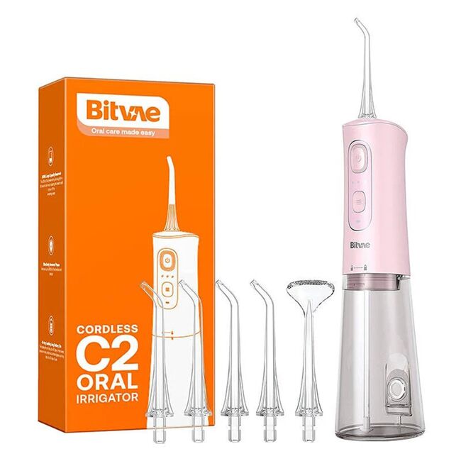 Irigator bucal portabil Bitvae CII 260 ml, 3 Moduri de Curatare, 6 Duze, Presiune Reglabila, Autonomie 30 Zile, IPX7, acumulator reincarcabil USB, Gingi Sanatoase și Igiena completa - roz