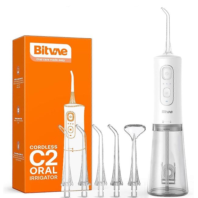 Irigator bucal portabil Bitvae CII 260 ml, 3 Moduri de Curatare, 6 Duze, Presiune Reglabila, Autonomie 30 Zile, IPX7, acumulator reincarcabil USB, Gingi Sanatoase și Igiena completa - alb